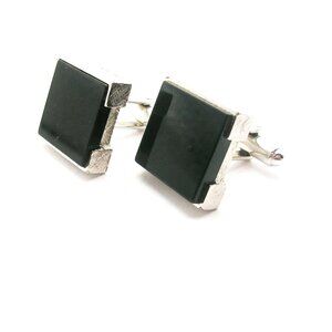 Classic Cuff Links silver tone square black front vintage Men's Formal Accessory
